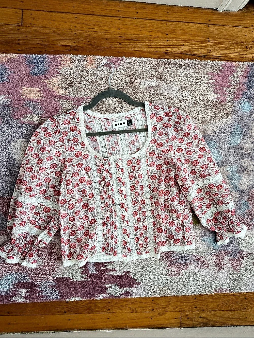 RIXO Erika Blouse Floral Blouse White & Red XS Like New